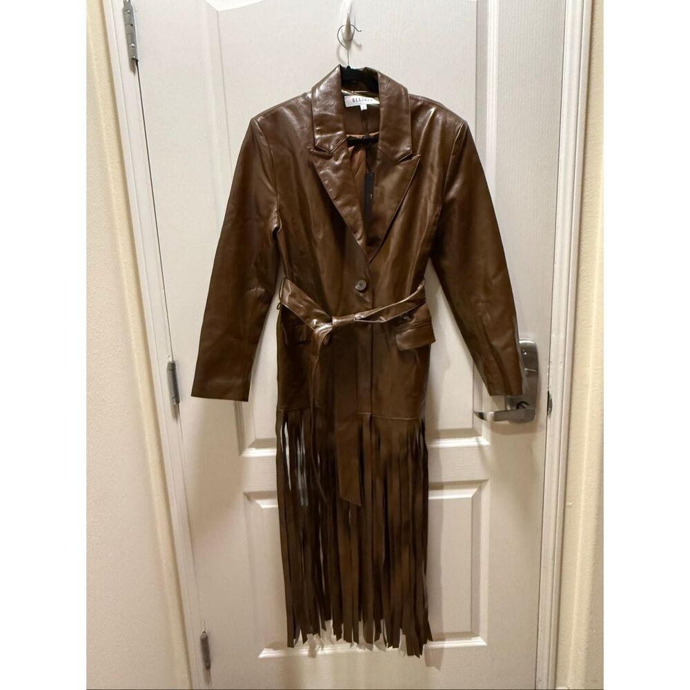 ELLIATT Vegan Leather Fringe Suit Set – Brown Blazer & Maxi Skirt size S NWT - Picture 7 of 11